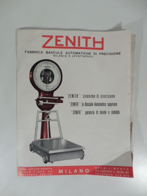 Zenith. Fabbrica bascule automatiche di precisione. Bilance e affettatrici. (Pieghevole pubblicitario)